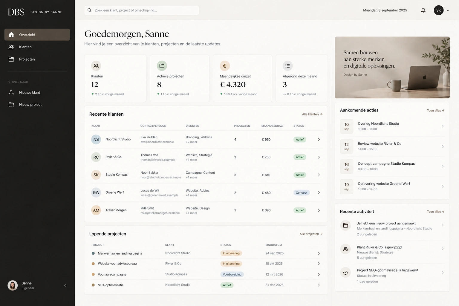 DBS-dashboard met fictieve klanten, projecten en acties
